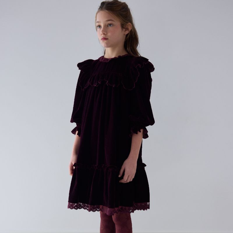 Lace Trim Velvet Dress - Dark Cherry