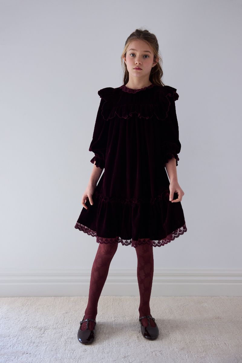 Lace Trim Velvet Dress - Dark Cherry