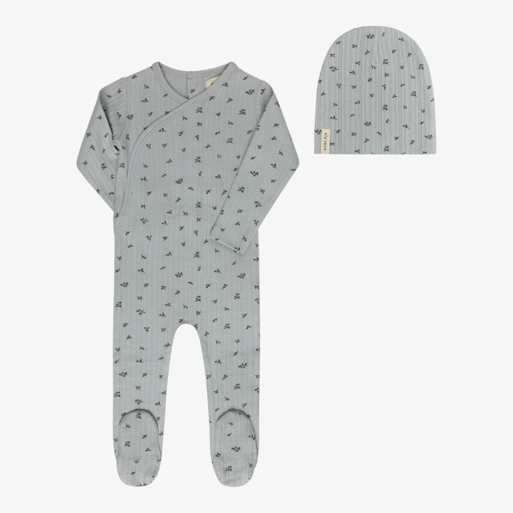 Floral Pointelle Footie And Beanie (9M) - Blue