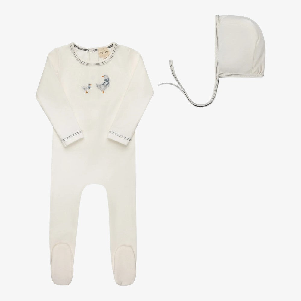 Cross Stitch Duck Footie And Bonnet - Ivory & Blue