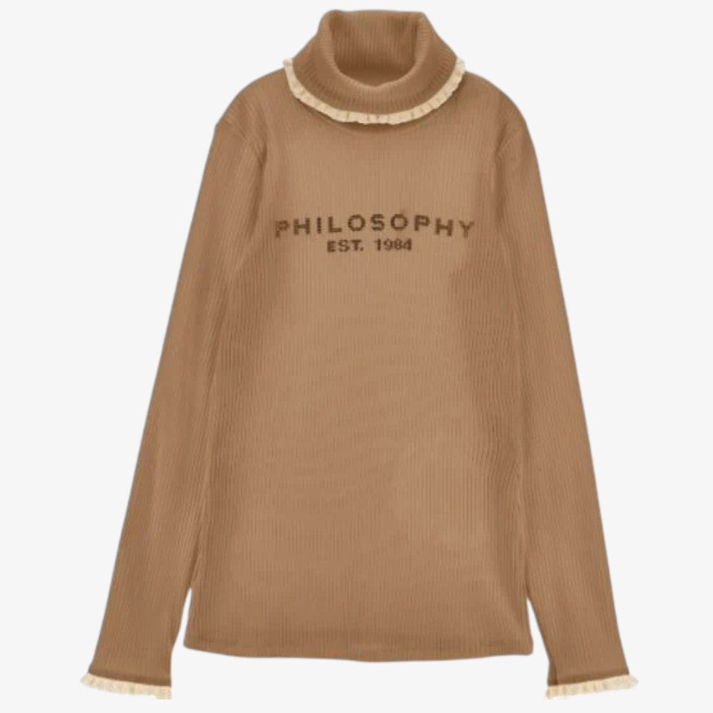 Rib Knit Logo Turtleneck - Beige