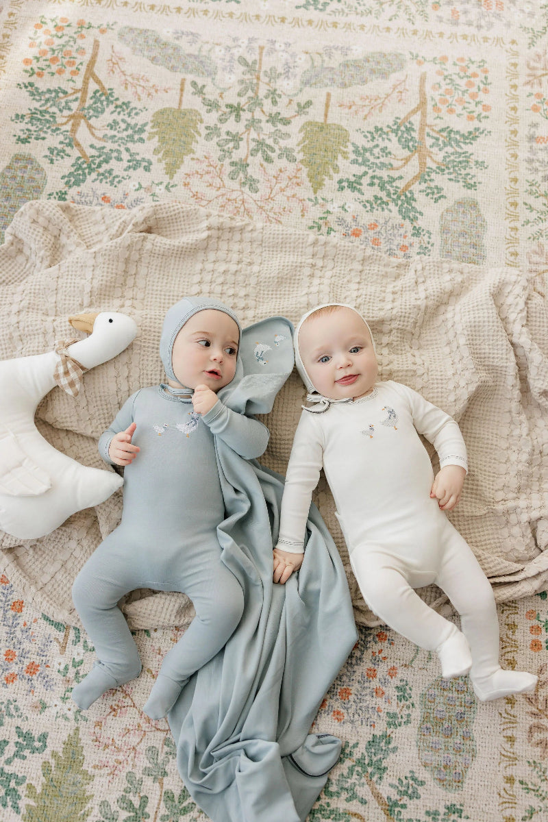 Cross Stitch Duck Footie And Bonnet - Ivory & Blue