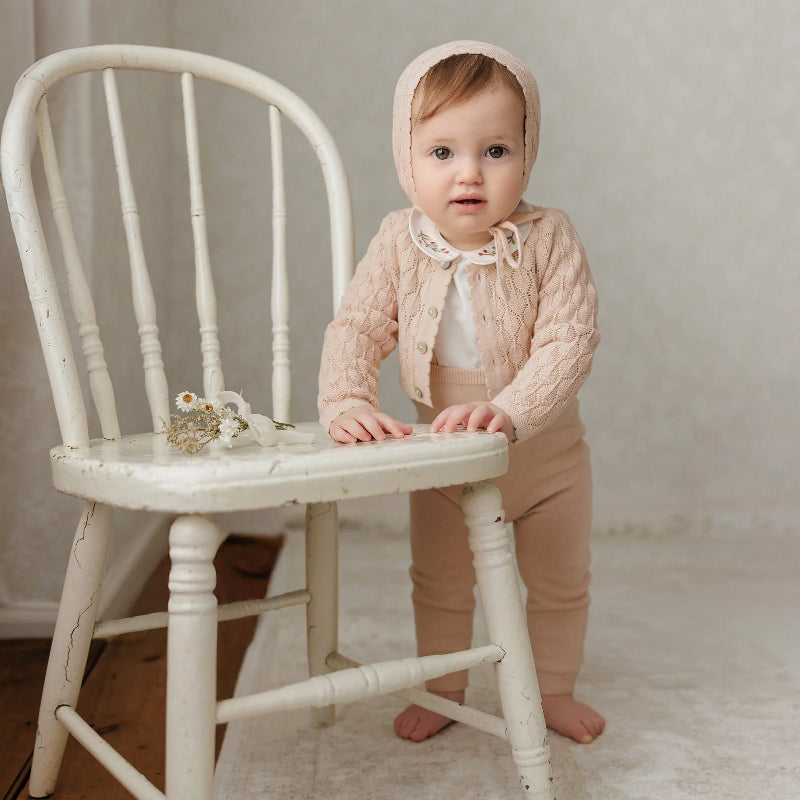 Pointelle Cropped Cardigan With Bonnet - Rose