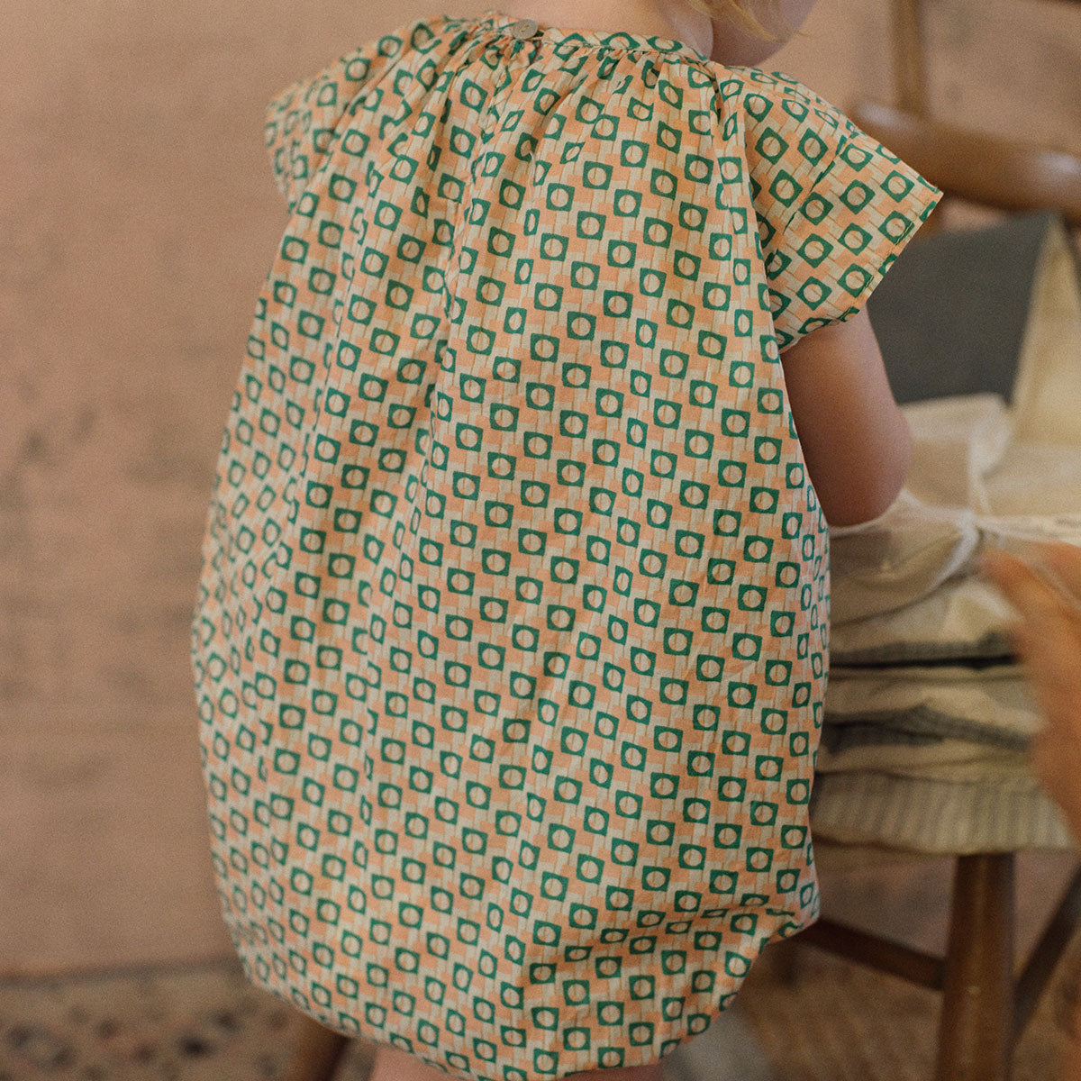 Block Smocking Romper - Peach