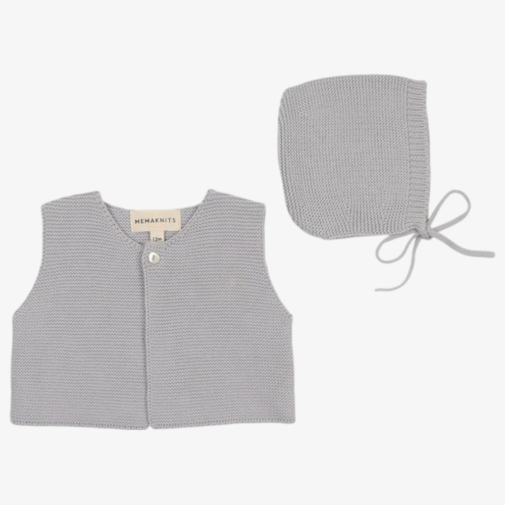 Knit Crop Vest And Bonnet - Light Blue