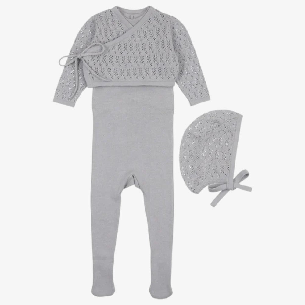 Knit Footie With Cardigan And Bonnet - Light Blue