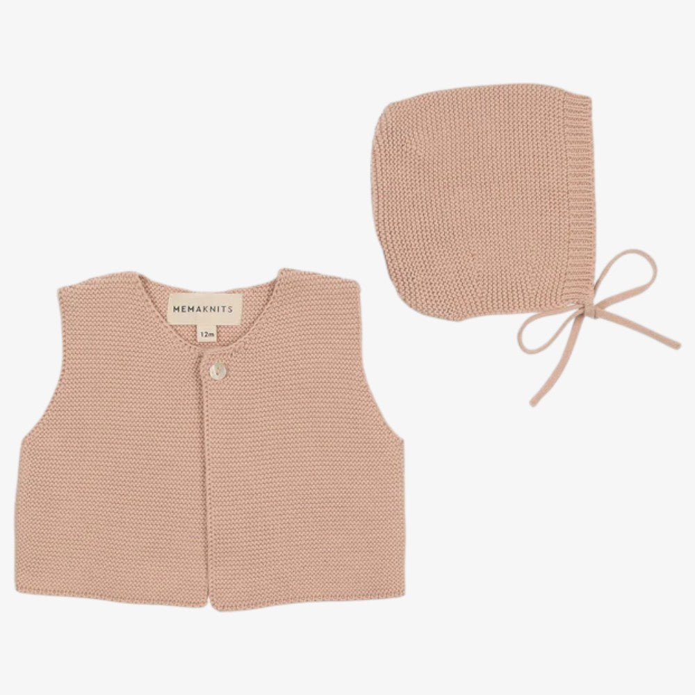 Knit Crop Vest And Bonnet - Peach Dust