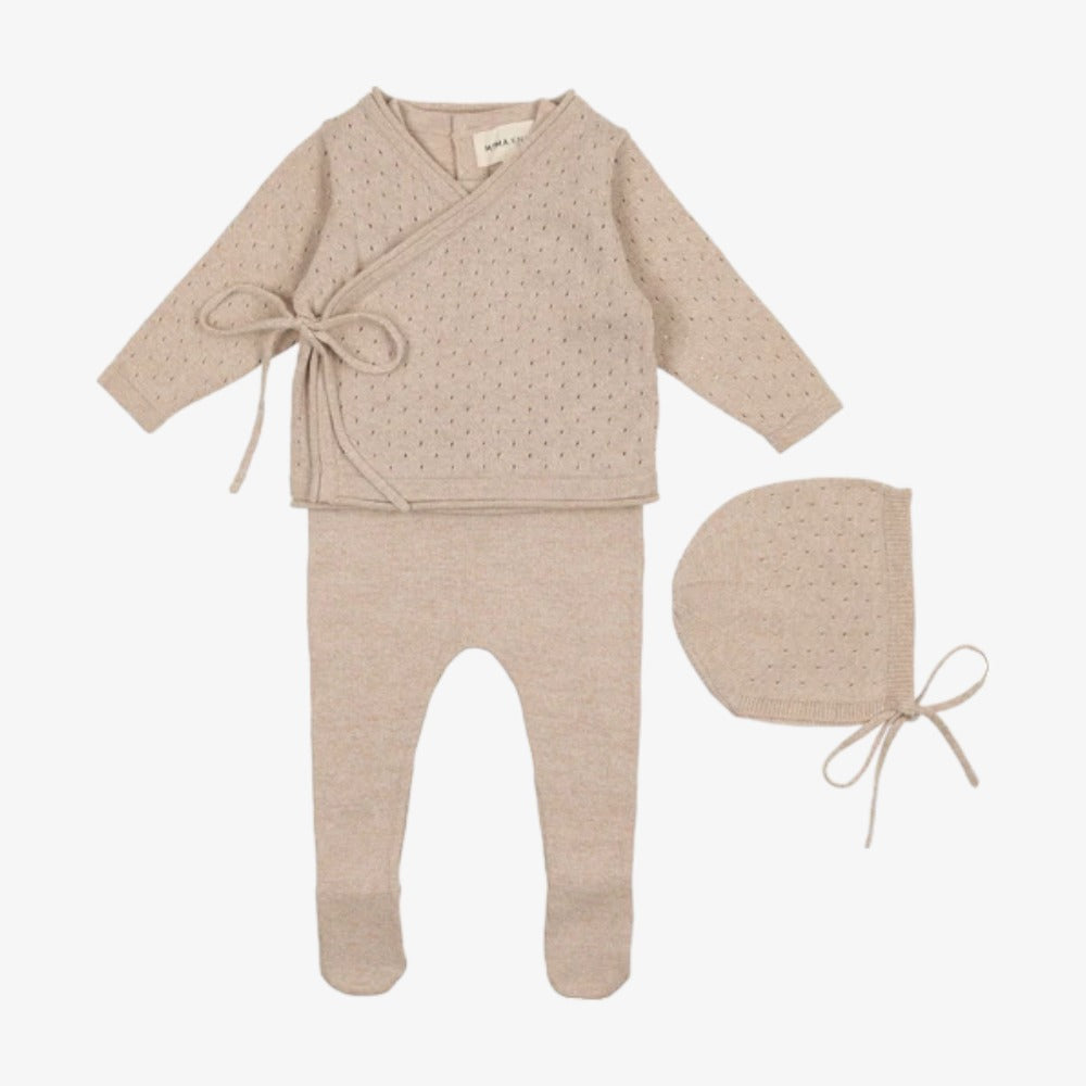 Mema Knits Knit Footie With Cropped Cardigan And Oatmeal