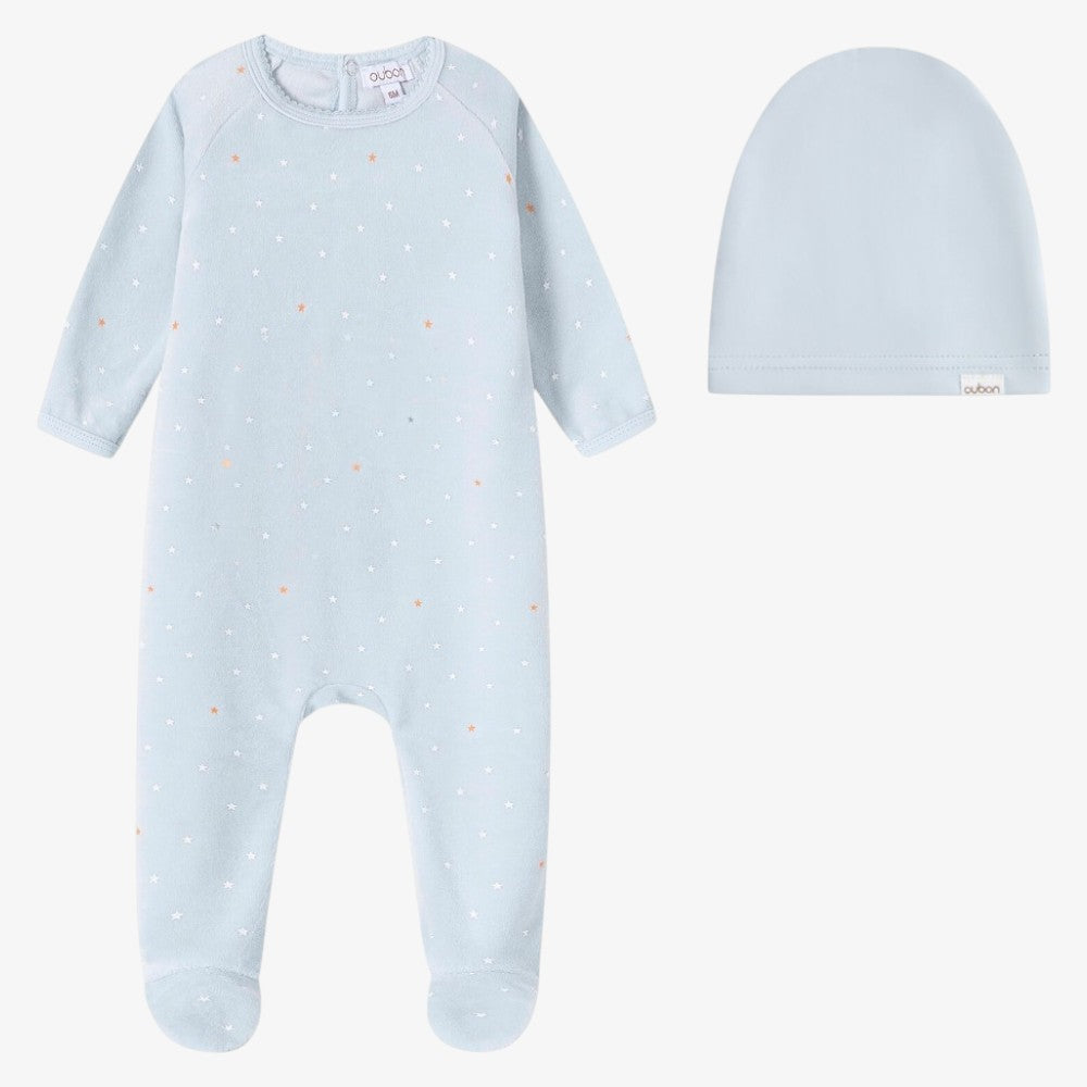 Print Footie And Hat - Blue Star