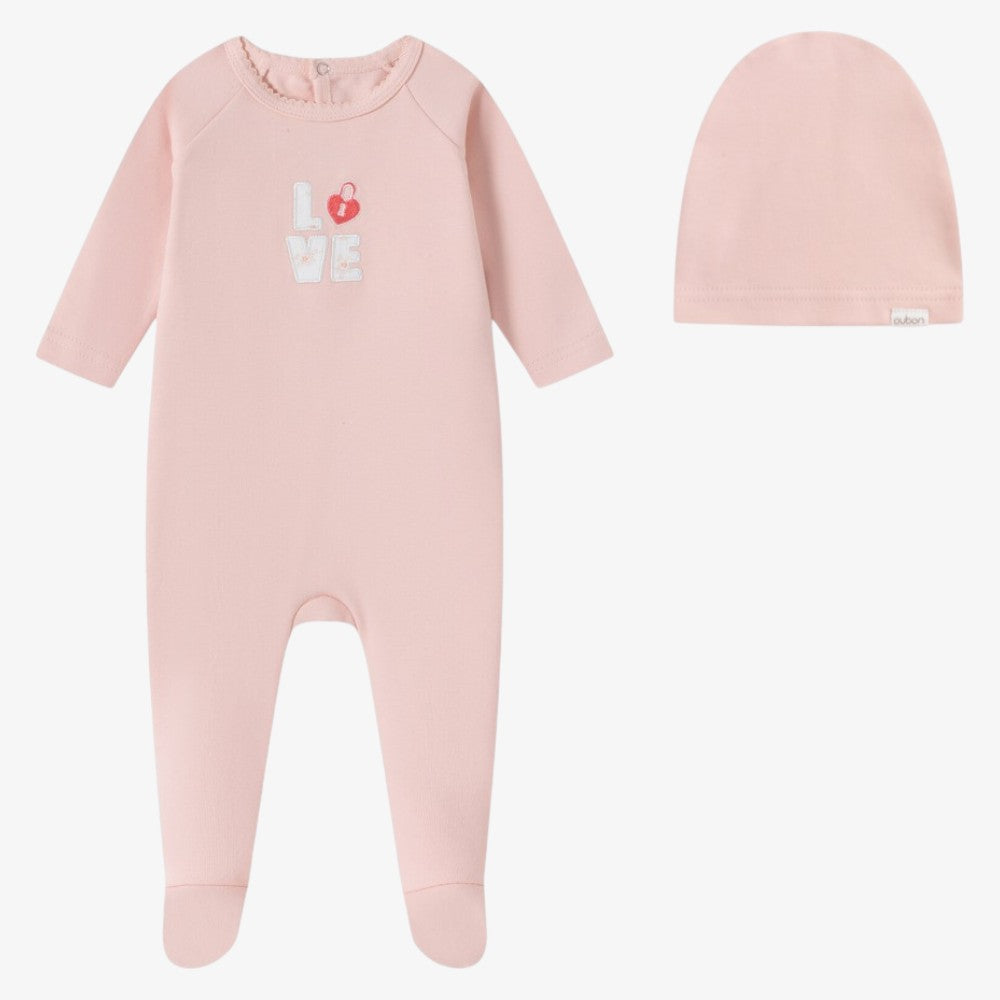 Love Patchwork Footie And Hat - Pink