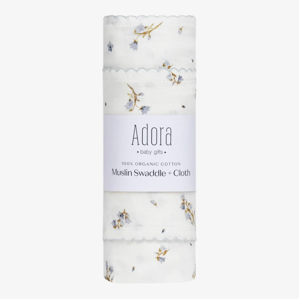 Floral Swaddle + Cloth - Blue