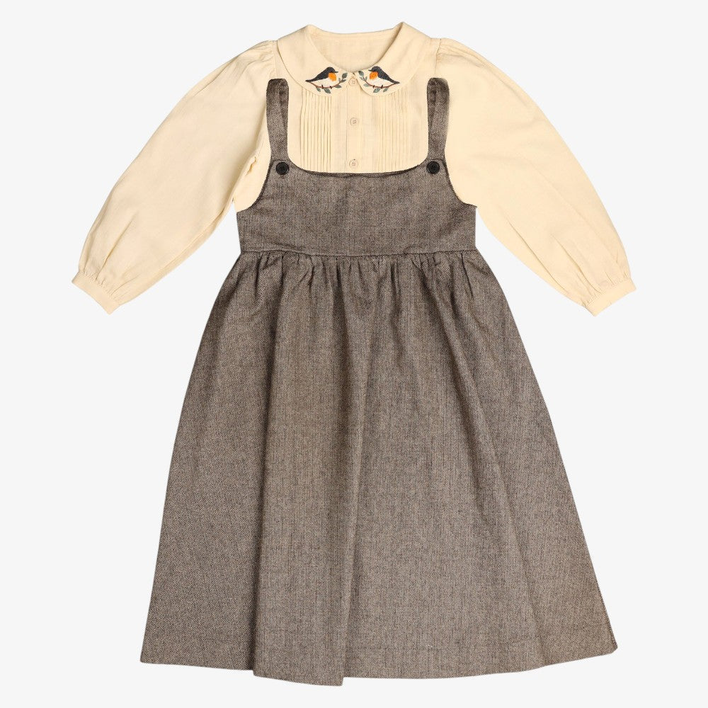 Bird Embroidered Dress And Shirt - Brown