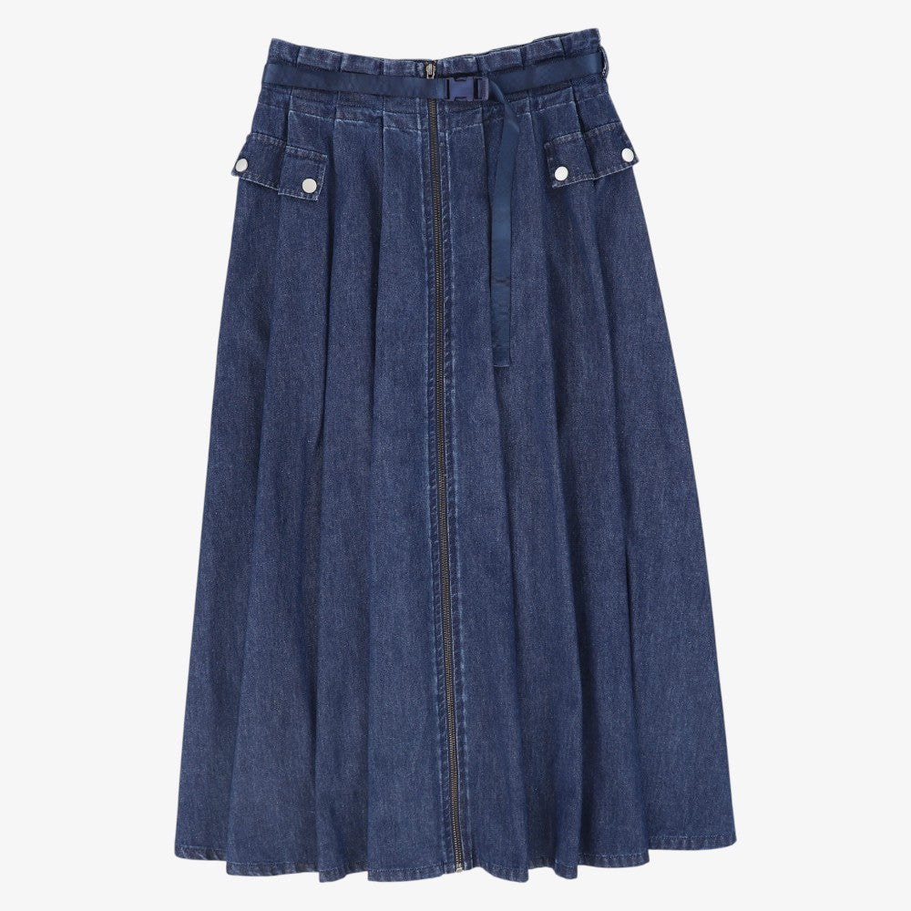 Denim Cargo Pocket Pleat Skirt - Blue Denim
