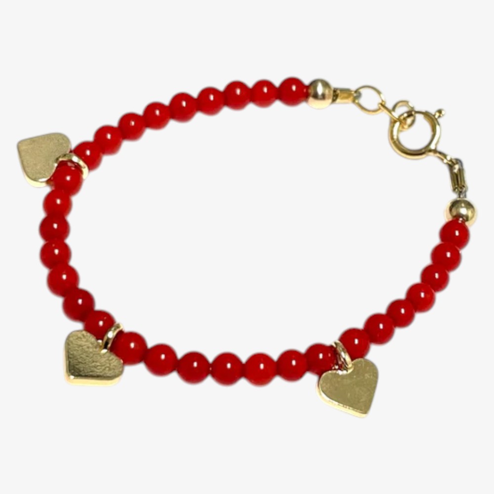 Red Beads And Gold Heart Charms Bracelet - Red