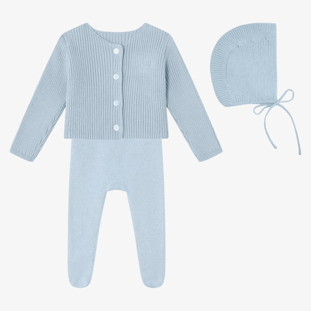 Emblem knit Footie With Bonnet And Cardigan - Blue