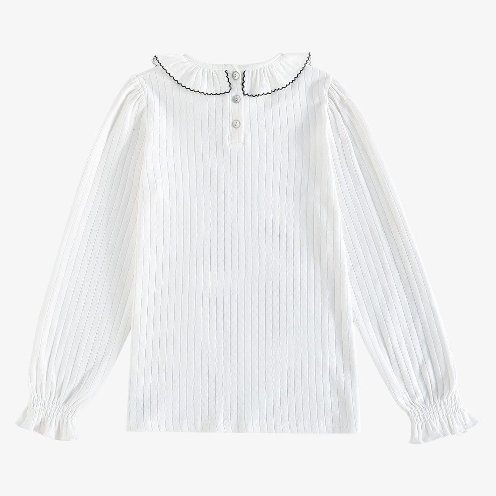 Emery Pointelle Collar T-Shirt LS - White & Black