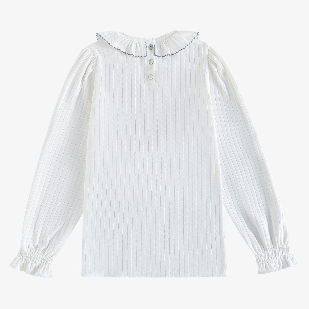 Emery Pointelle Collar T-Shirt LS - White & Light Blue