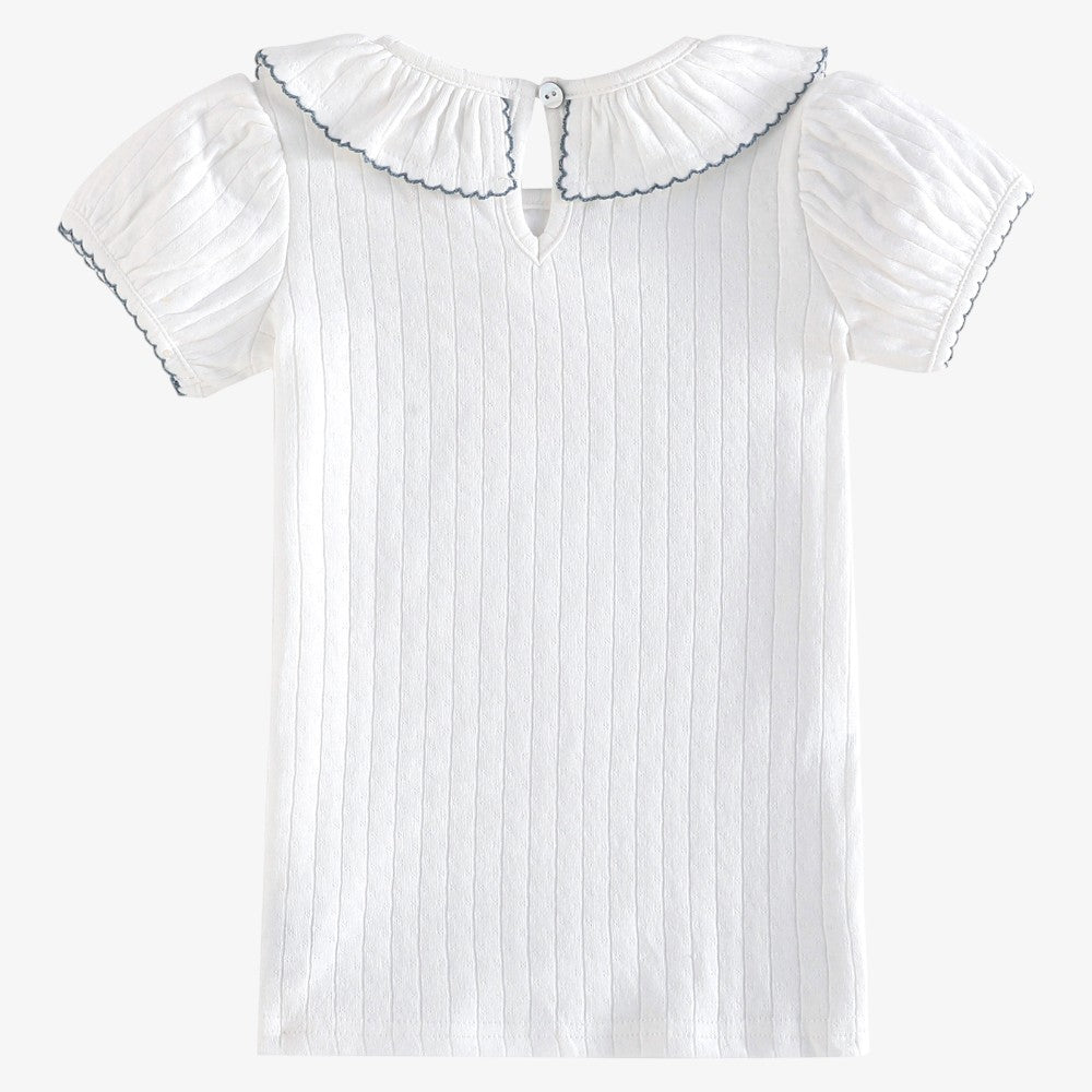 Emery Pointelle Collar T-Shirt SS - White & Light Blue