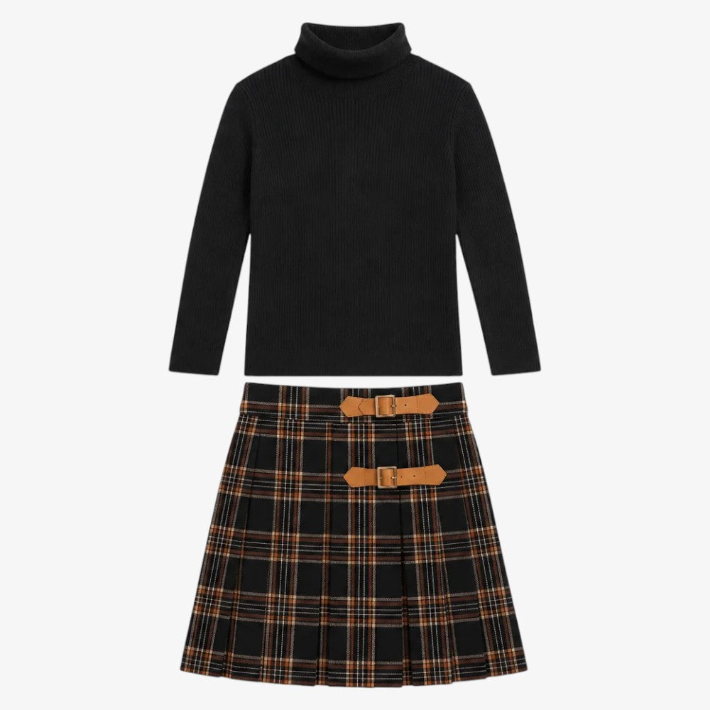 Knit Turtleneck And Plaid Skirt - Brown