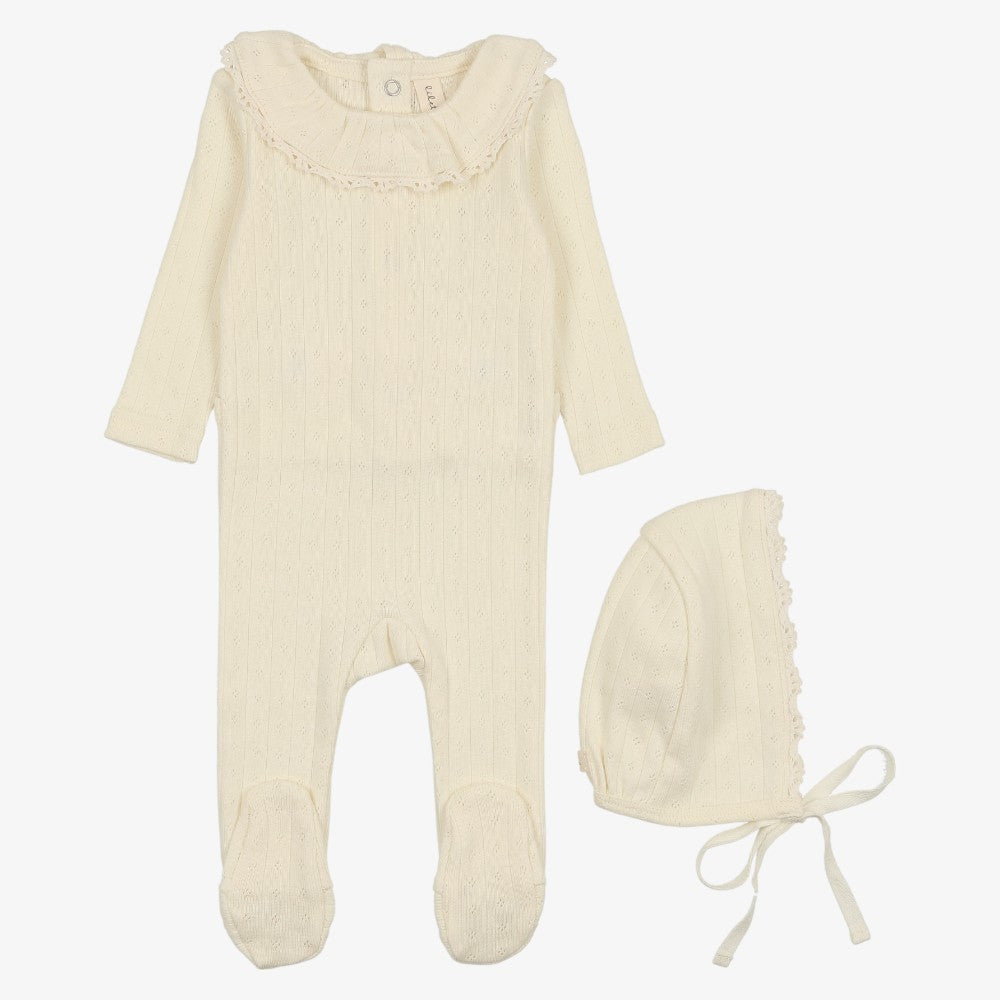 Pointelle Ruffle Footie And Hat - Milk
