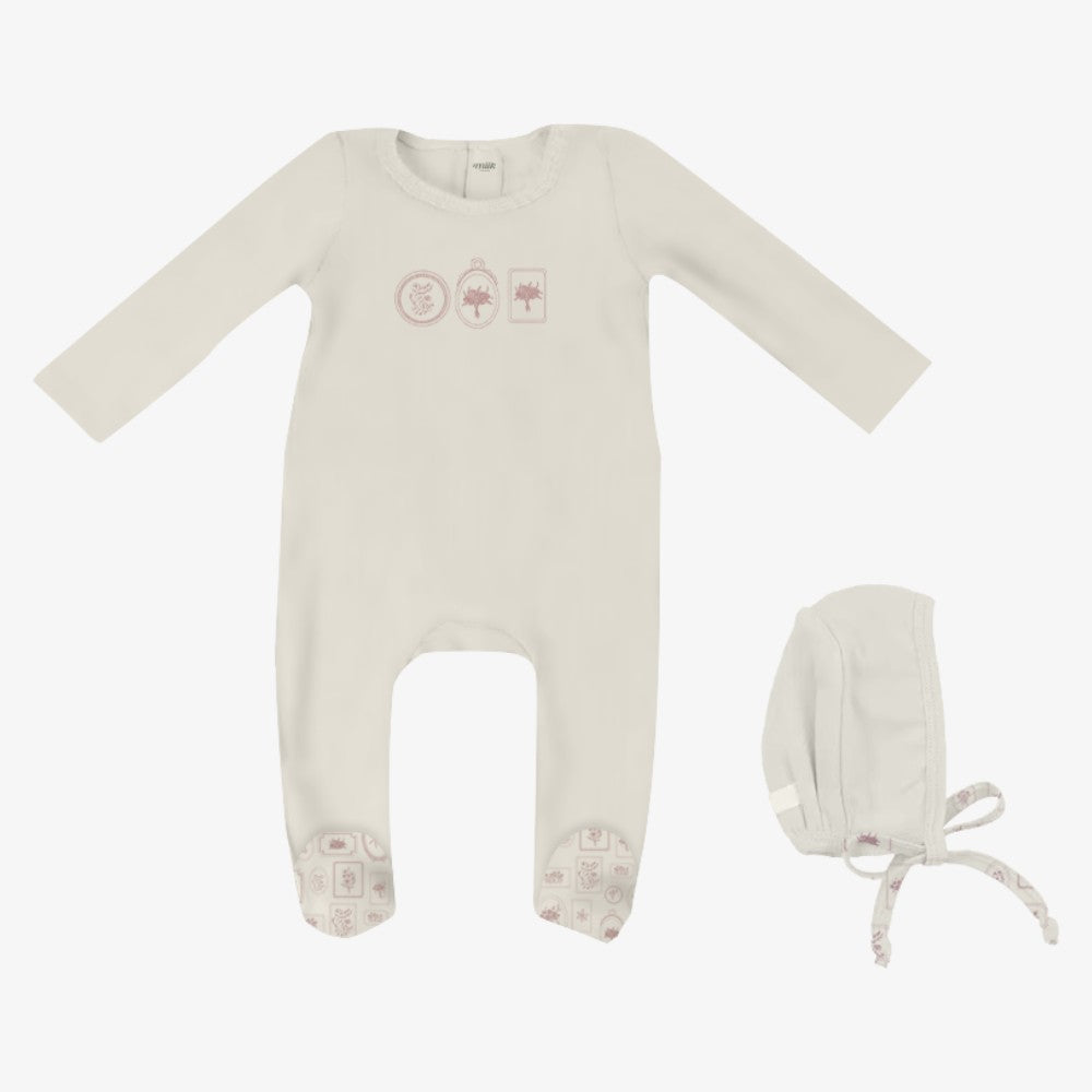 Emboidered Footie And Bonnet - Pink