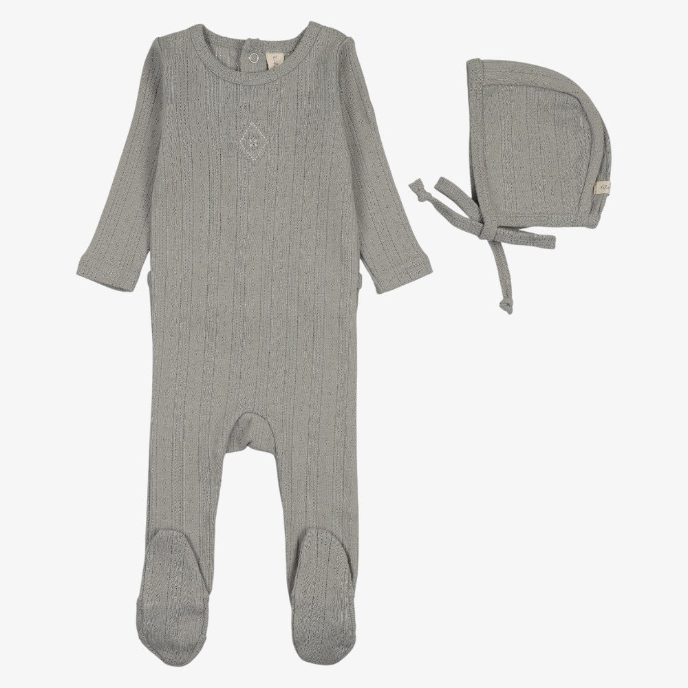 Geo Floral Embroidered Footie And Hat - Light Blue