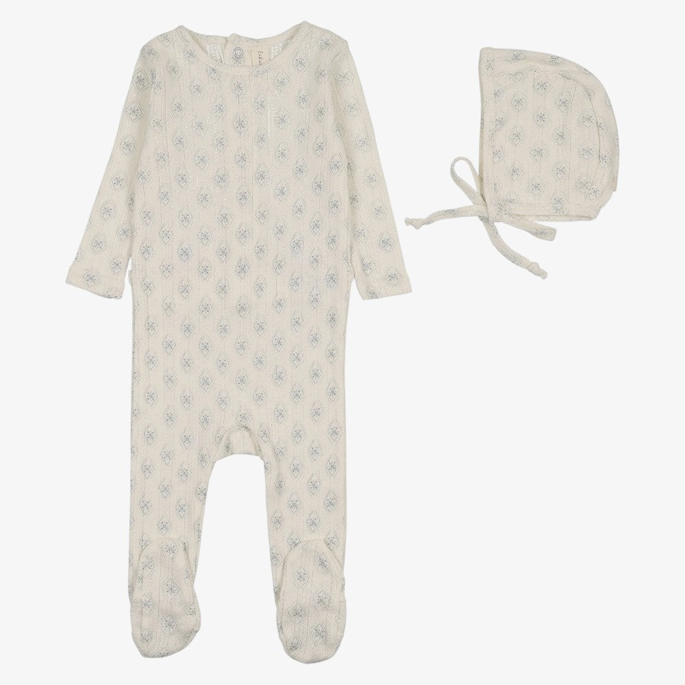 Geo Floral Print Footie And Hat - Cream & Blue