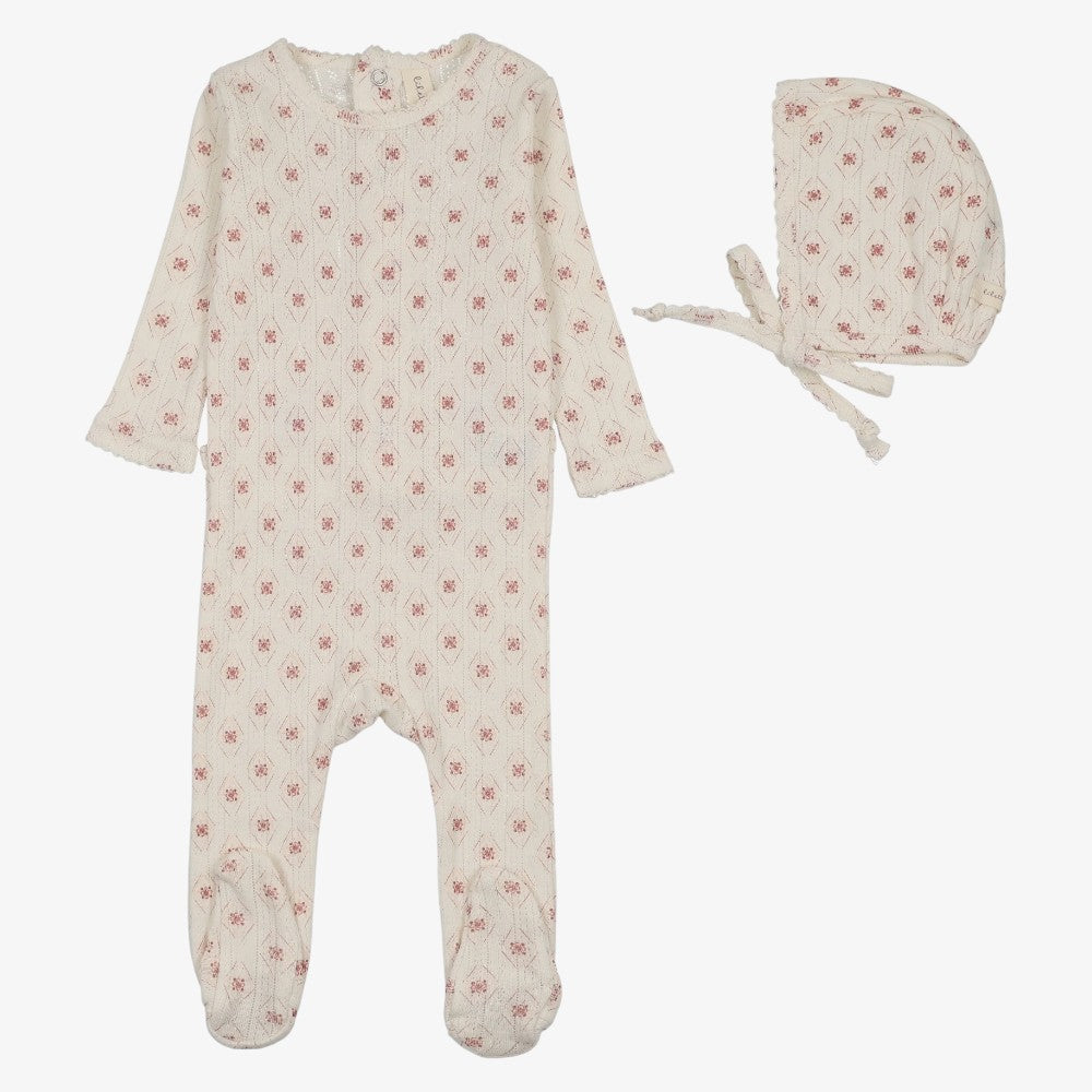 Geo Floral Print Footie And Hat - Cream & Pink
