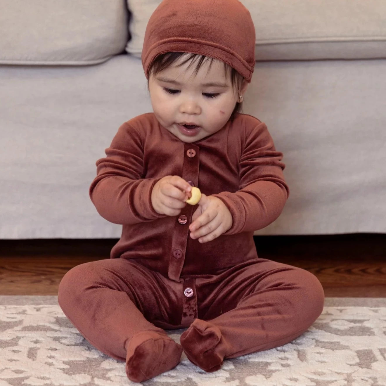 Cuddle & Coo Velour Button Footie - Rust