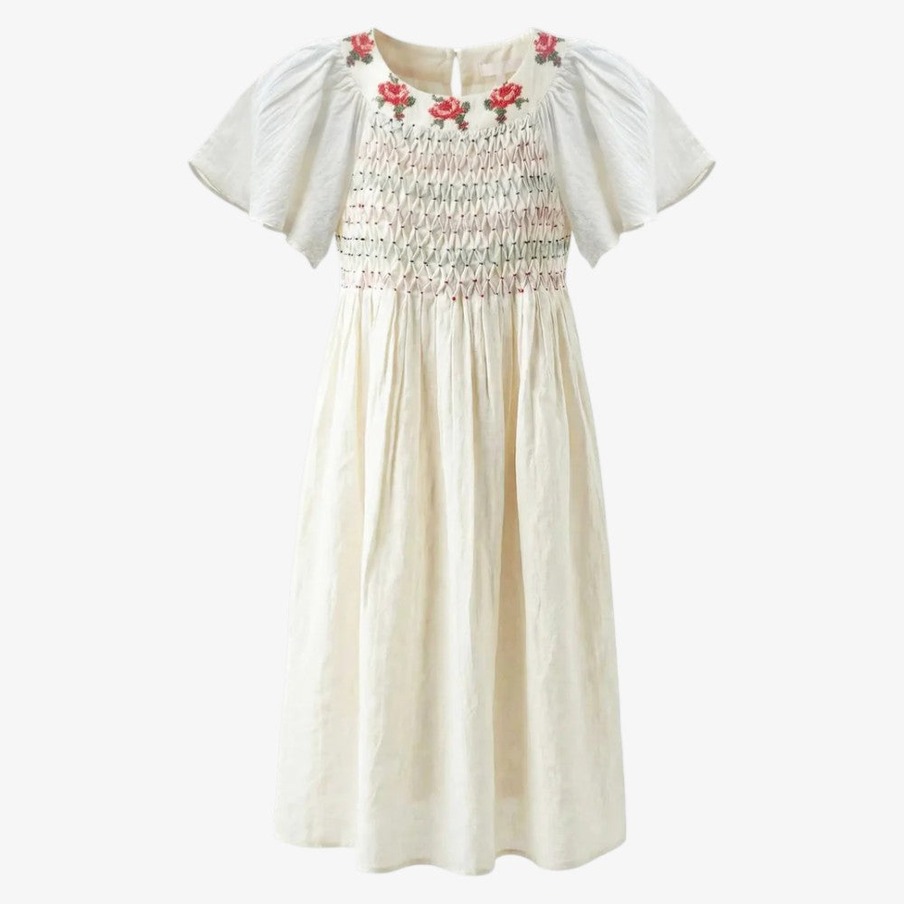 Embroidered Multi Flower Dress - Ivory White