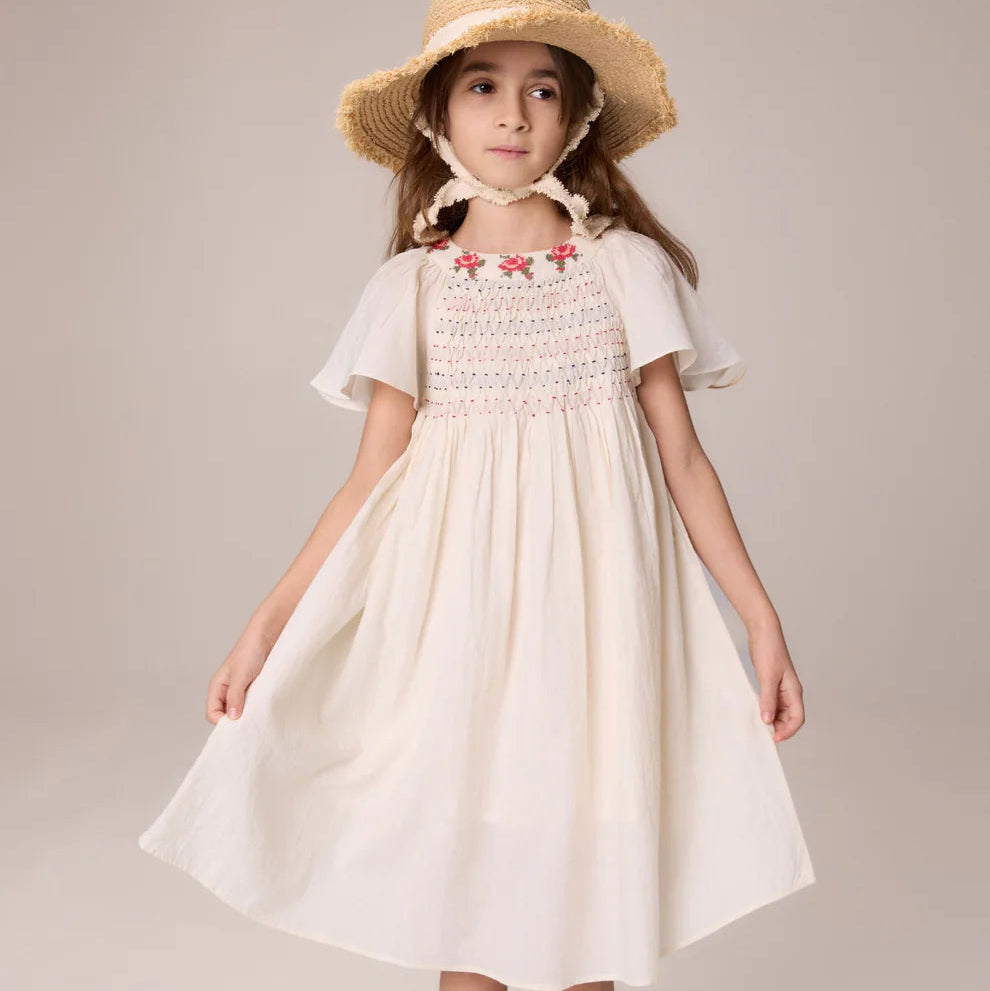 Embroidered Multi Flower Dress - Ivory White