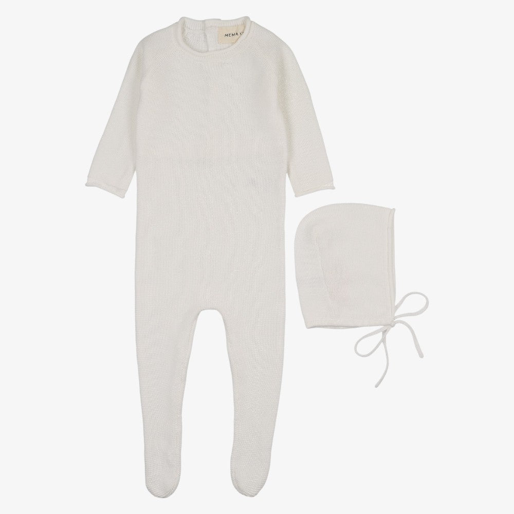 Knit Footie And Bonnet - Winter White