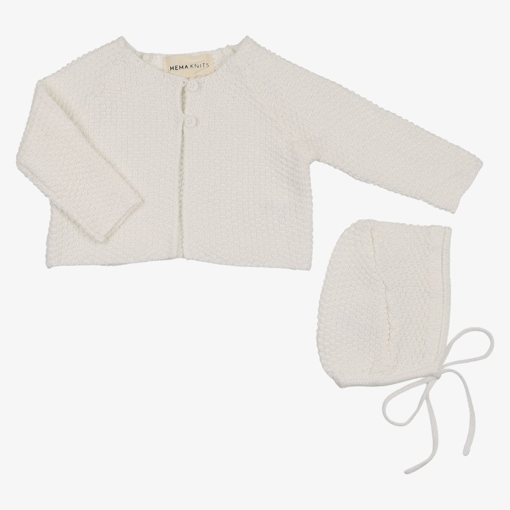 Waffle Knit Cardigan And Bonnet - Winter White