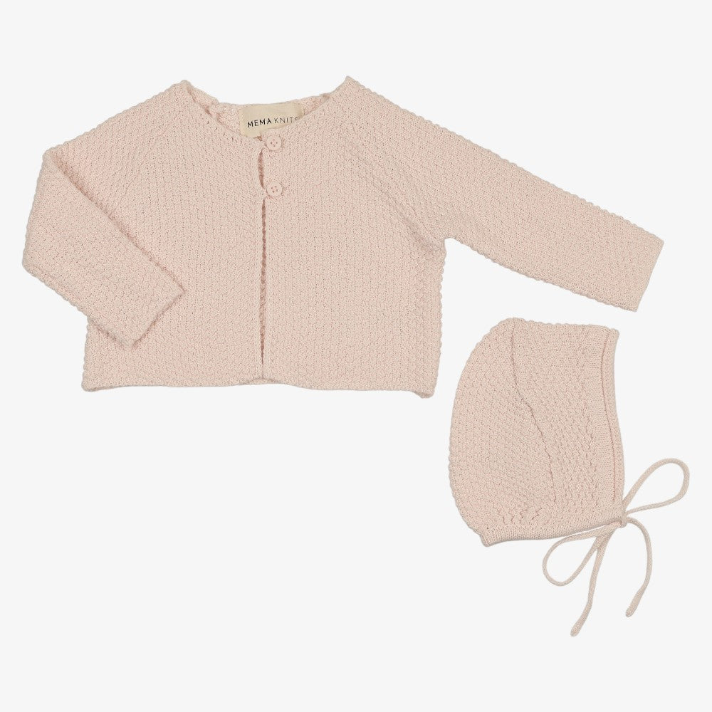 Waffle Knit Cardigan And Bonnet - Blush