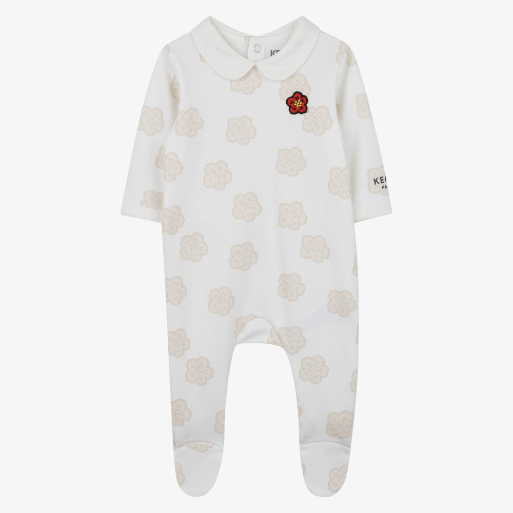 Printed Footie With Bib - Off White