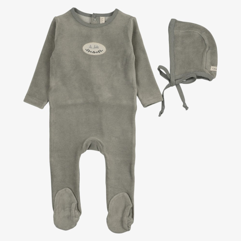 Velour Patch Footie And Hat - Light Blue