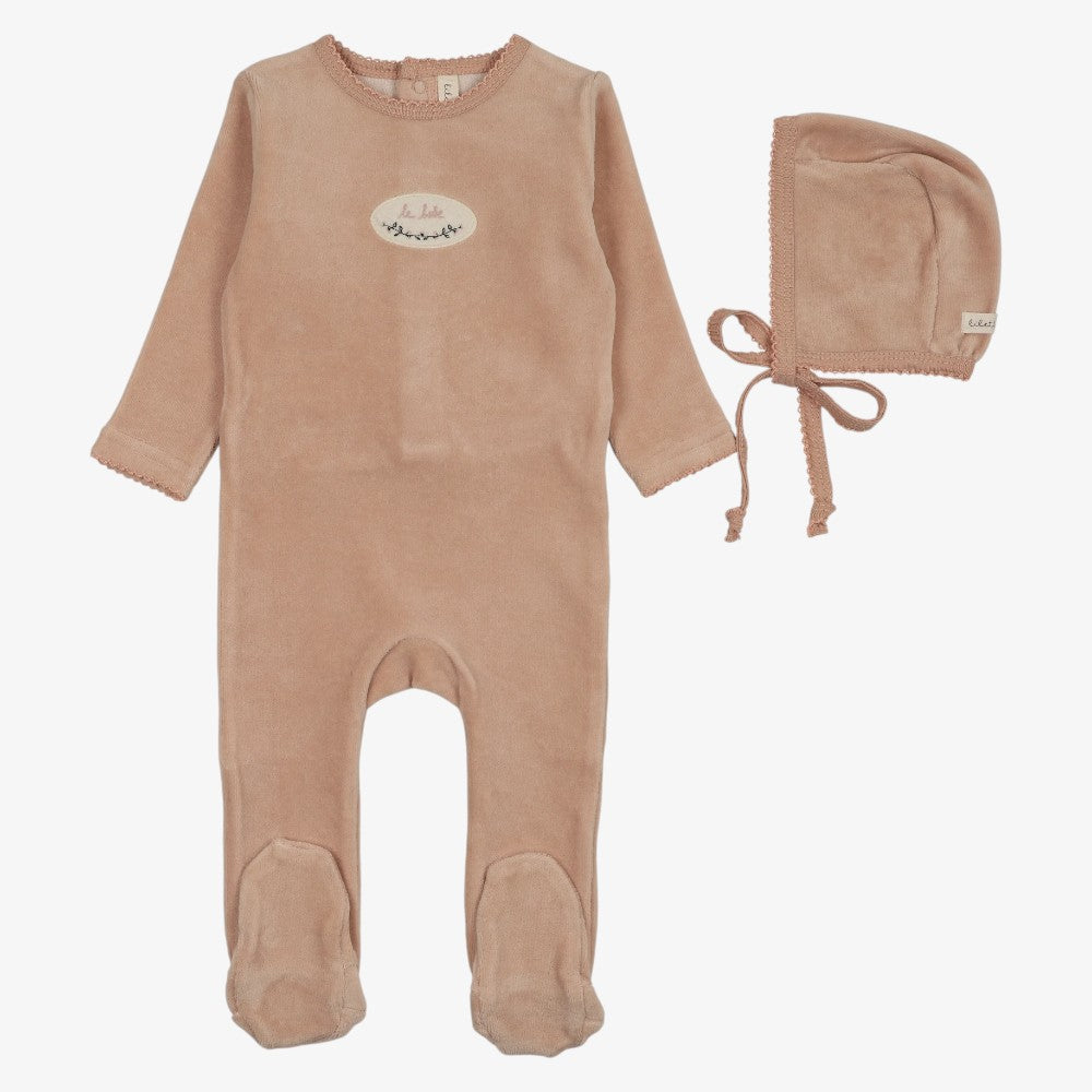 Velour Patch Footie And Hat - Dusty Pink