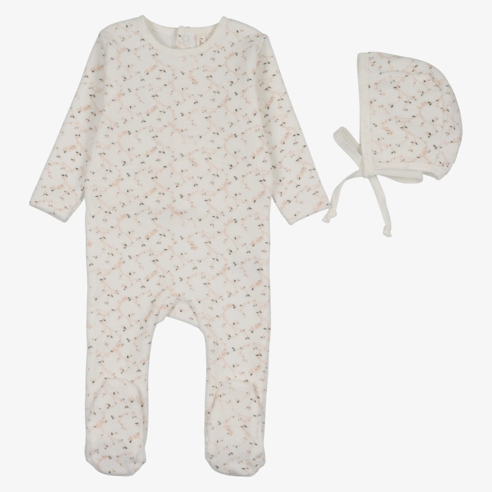 Branch Velour Footie And Hat - Cream & Pink