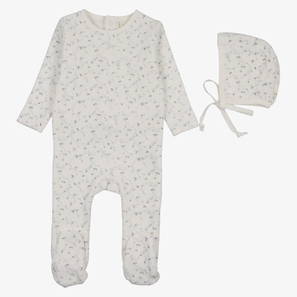 Branch Velour Footie And Hat - Cream & Blue