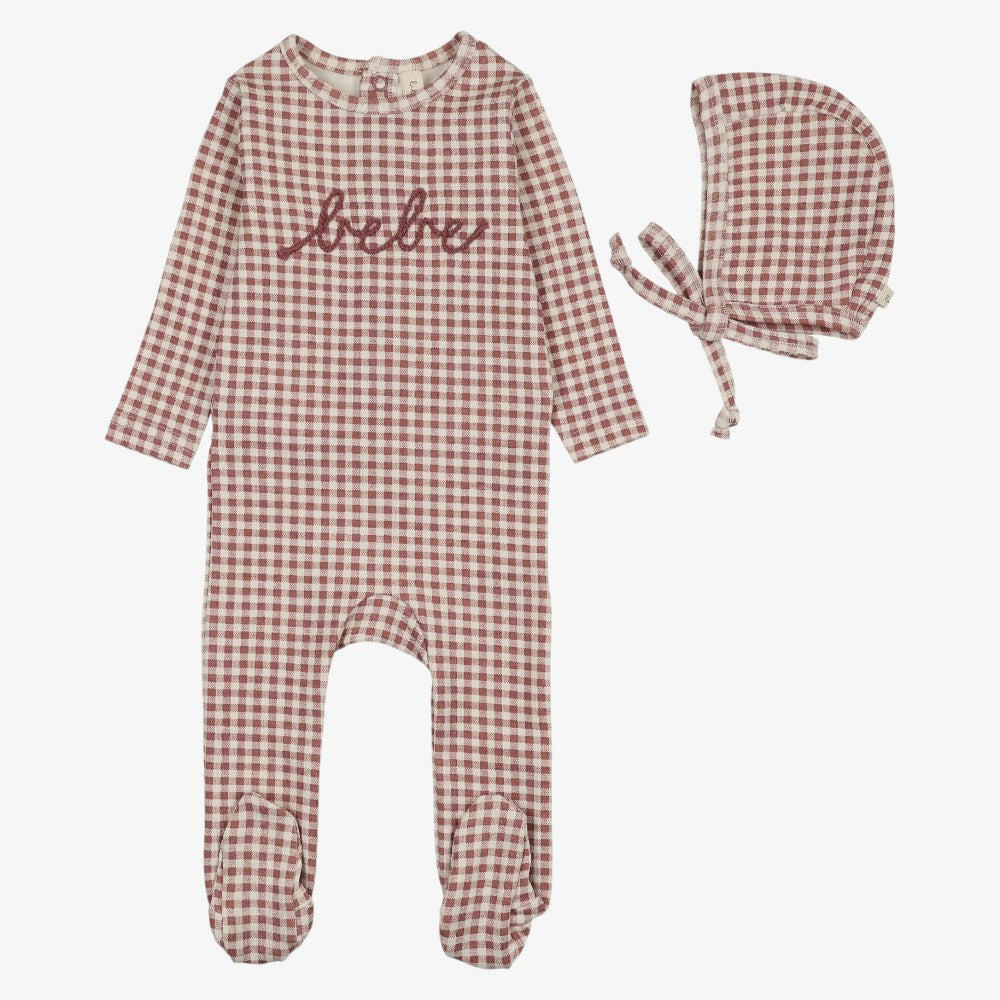 Gingham Bebe Footie And Hat - Mauve