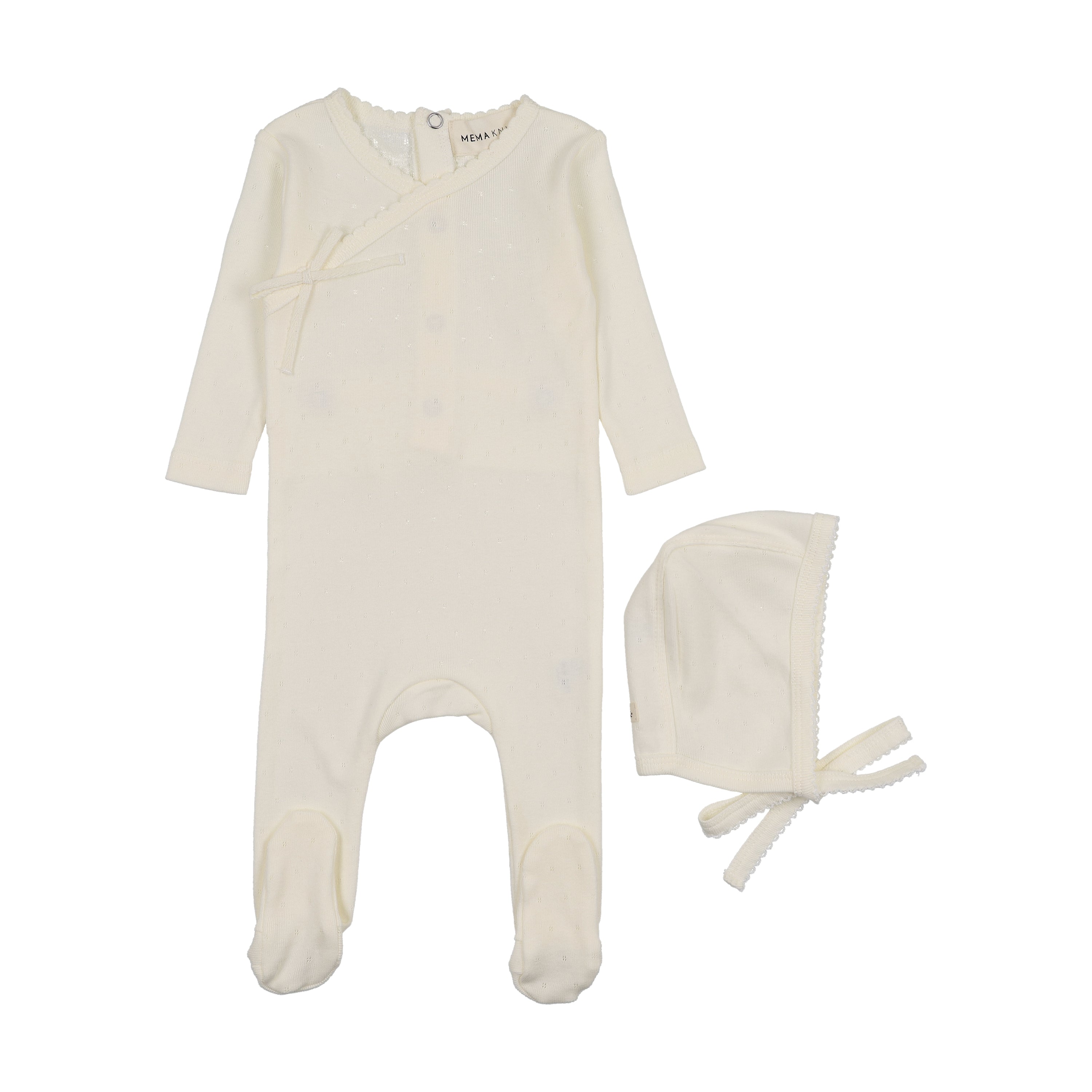 Pointelle Scallop Edge Footie And Bonnet - Winter White