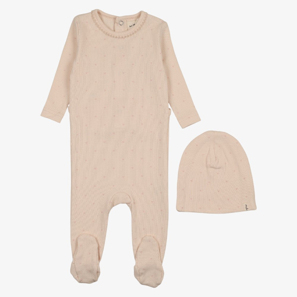Heart Printed Footie And Beanie - Light Pink & Rose
