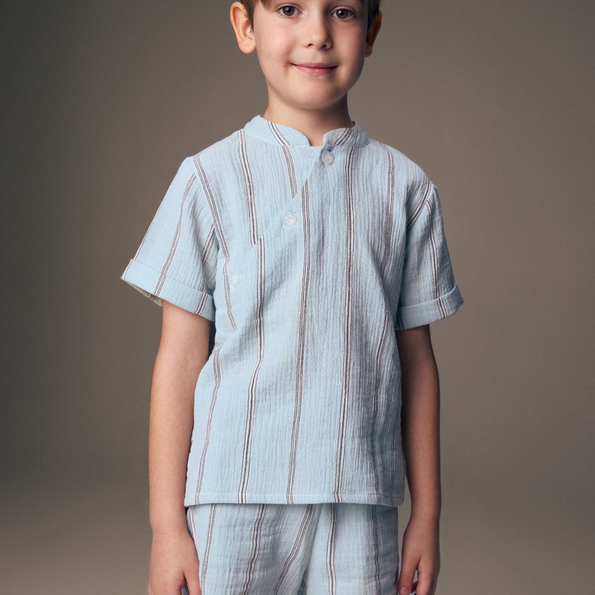 Seersucker Shirt And Shorts - Pale Greeb