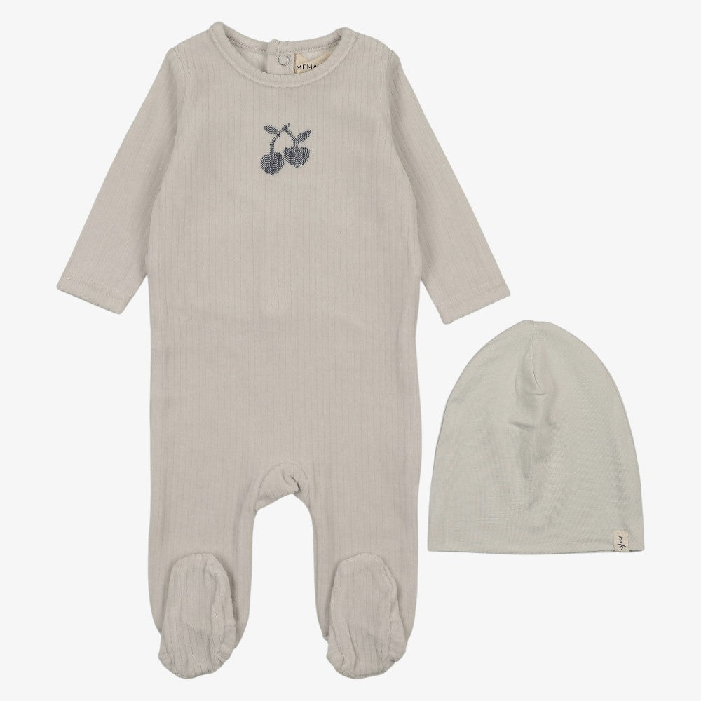 Embroidered Cherry Footie And Beanie - Blue