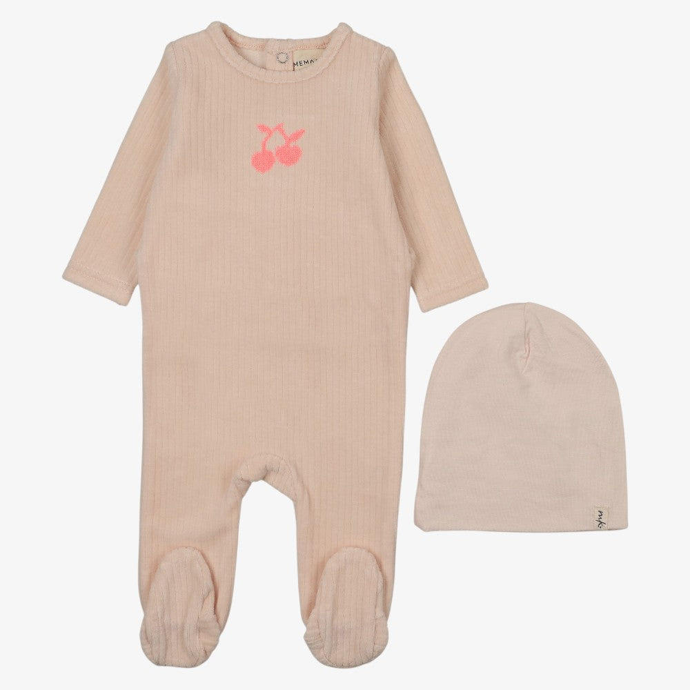 Embroidered Cherry Footie And Beanie - Pink