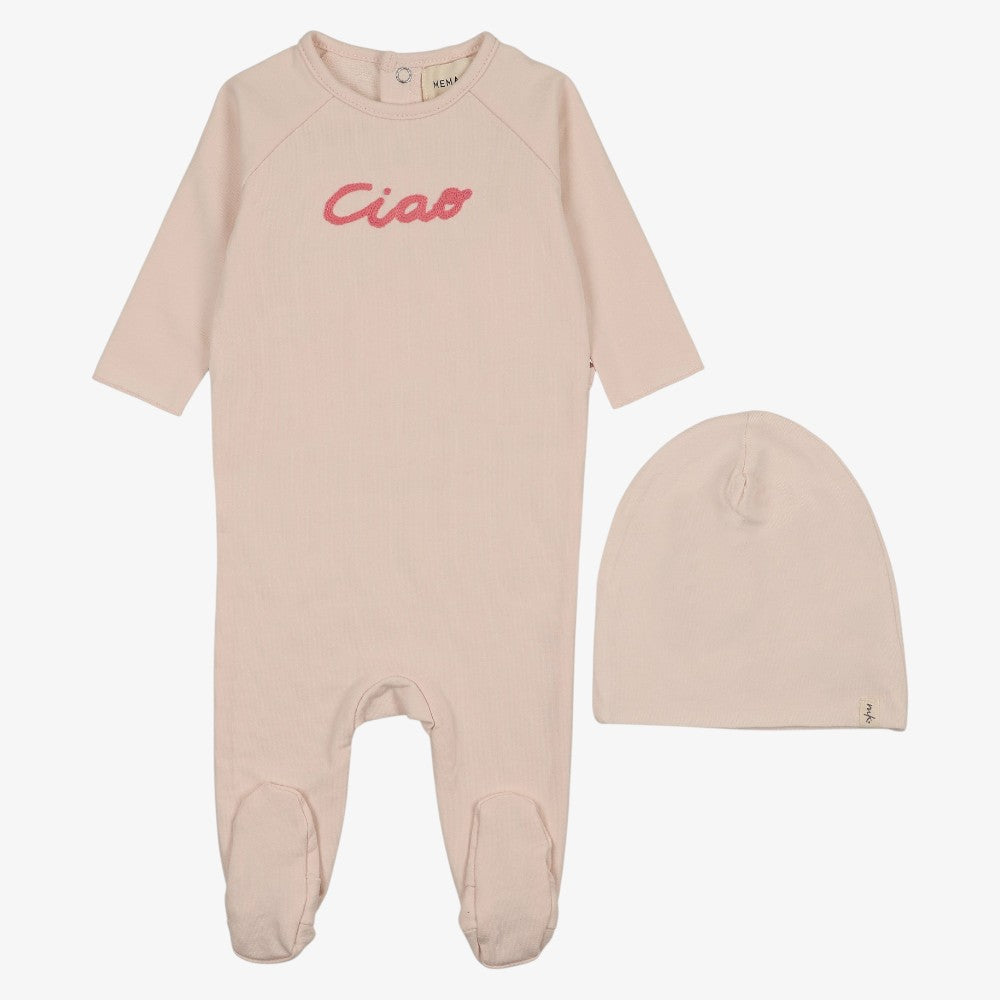 French Terry Embroidered Footie And Hat (9M) - Pink