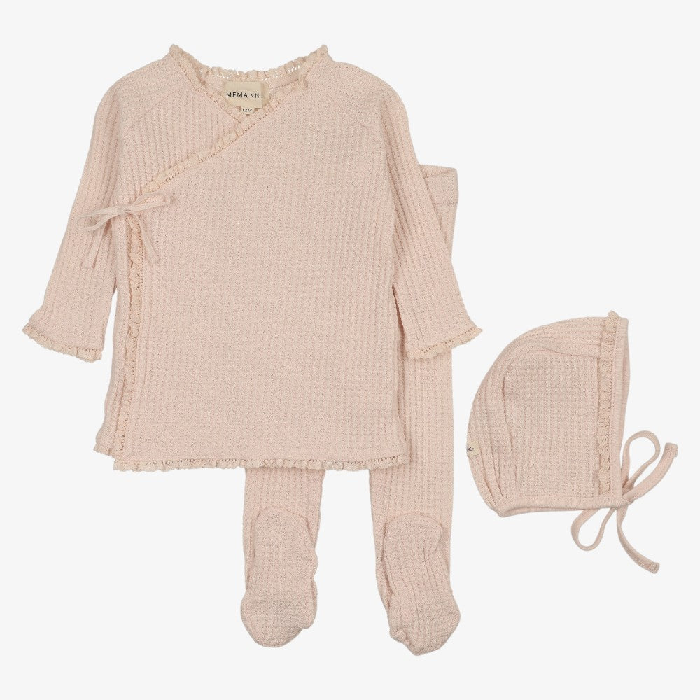 Waffle Ruffle Trim Top And Pants With Bonnet - Blush