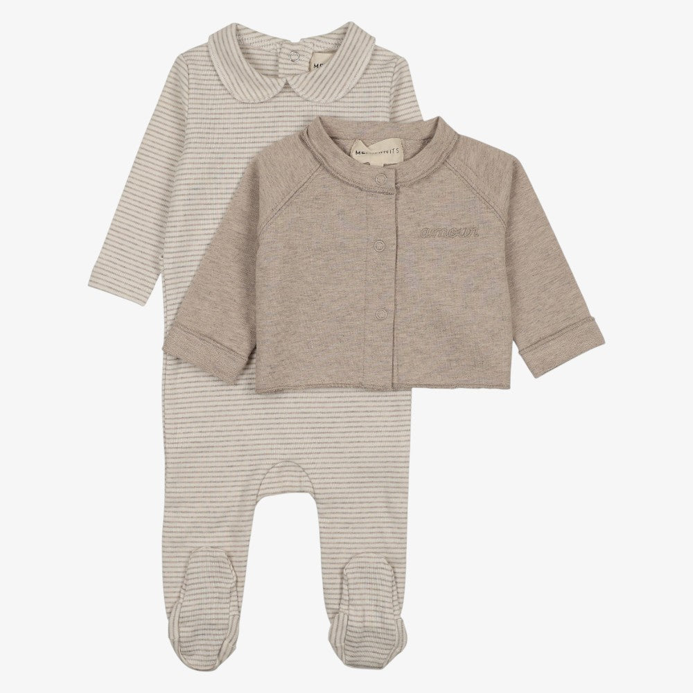 Stripe Footie With Cardigan And Hat - Beige Melange