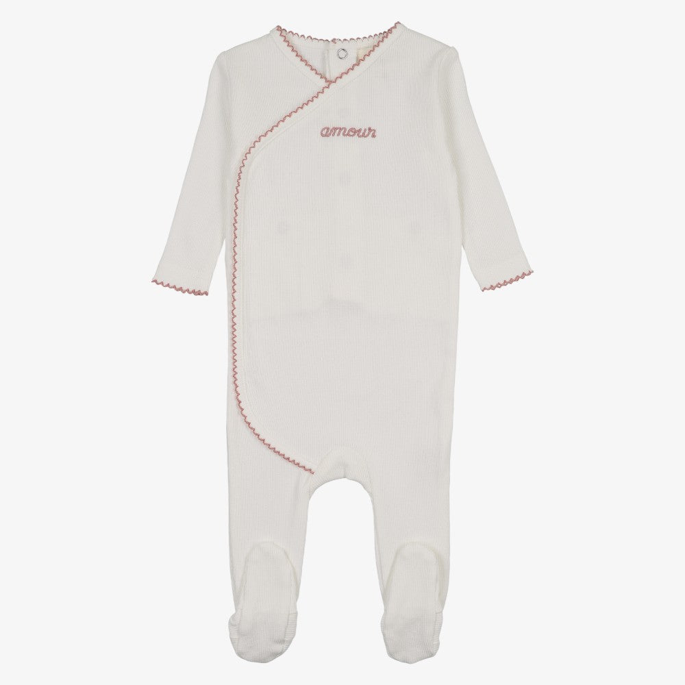 Amour Embroidered Footie - White & Mauve