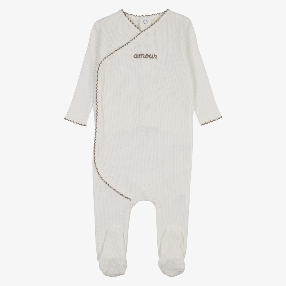 Amour Embroidered Footie - White & Taupe
